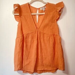 NWT She and Sky V-Neck Ruffled Cap Sleeve Gauzy Tangerine Top S
